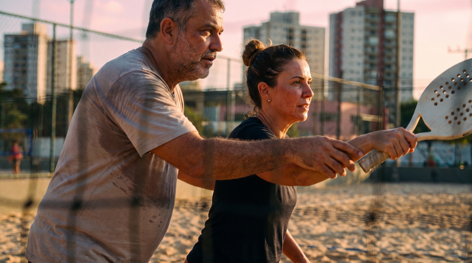 Referência conceitual de pessoas praticando beach tennis na cidade